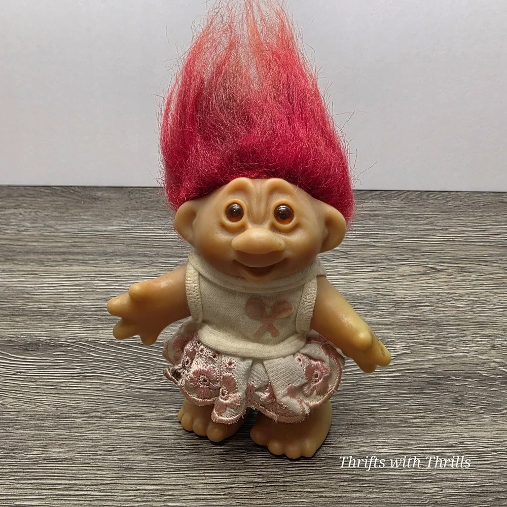 Vintage 1986 Dam Troll Doll 4.5 Inch Red Hair Amber Eyes Tennis Player Girl
